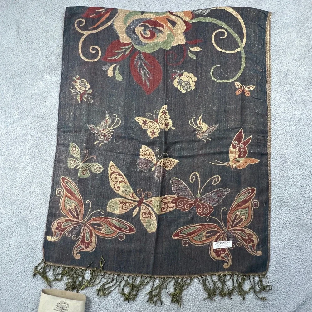 Boho Floral Butterfly Pashmina Scarf Fringe Shawl Vintage Earthy Wrap Cashmere